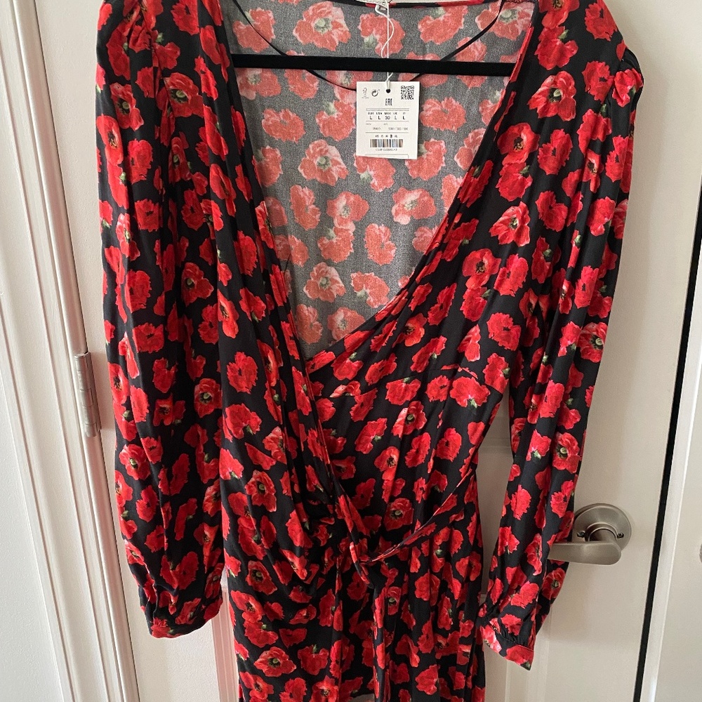 Red floral wrap dress